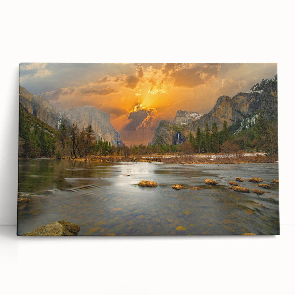 Stretched canvas wall art featuring a serene lake landscape with lush greenery and vibrant blue skies, creating a tranquil atmosphere perfect for home decor.