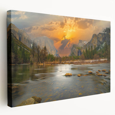 Stretched canvas wall art featuring a serene lakeside landscape design with vibrant blue water and lush green trees, displayed from a side view, ideal for home decor.