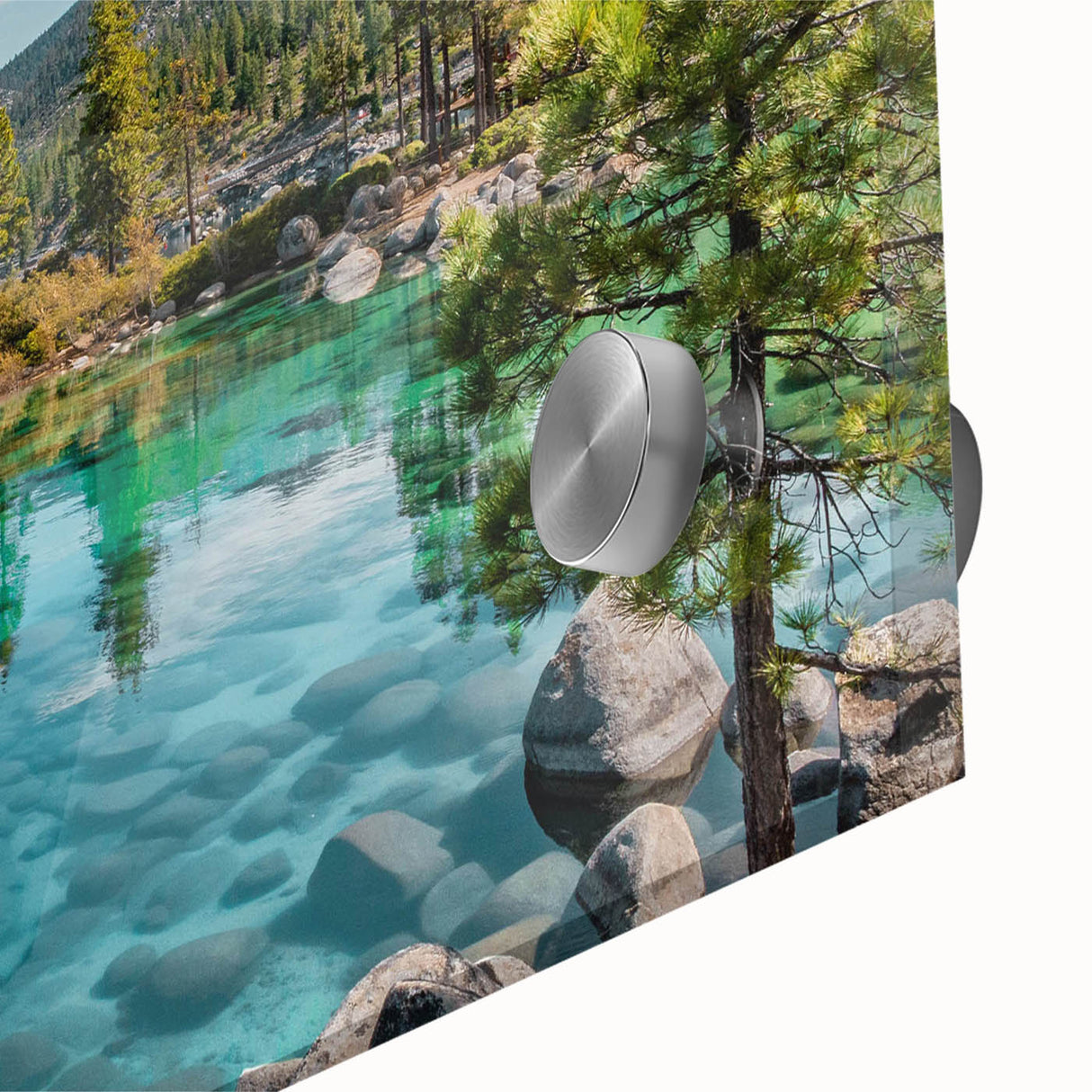 Close-up of a vibrant acrylic glass wall art piece depicting serene lakeside landscapes, highlighting rich colors and intricate details, ideal for home decor.