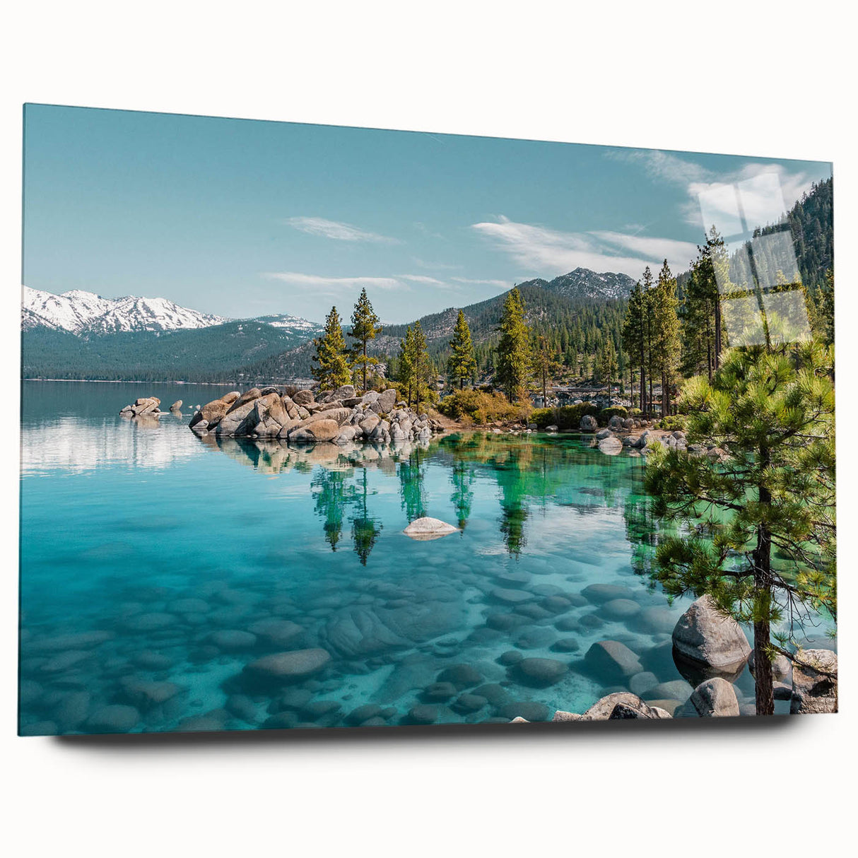 Acrylic wall art piece showcasing a serene landscape with a tranquil lake, framed in a sleek glass design, perfect for modern home decor.