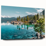 Acrylic wall art piece showcasing a serene landscape with a tranquil lake, framed in a sleek glass design, perfect for modern home decor.