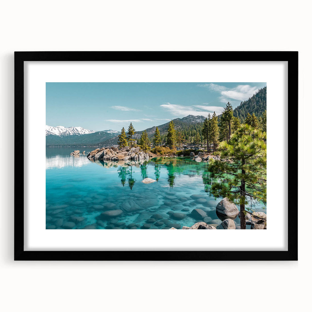 Framed landscape wall art featuring a serene lake scene with vibrant colors, a black mat, and a sleek black frame, ideal for home decor enhancement.