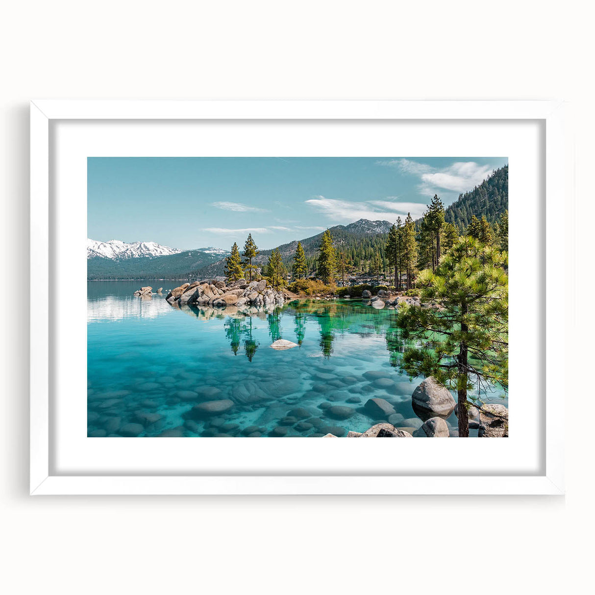 Framed wall art featuring a serene landscape with a tranquil lake scene, adorned with a white mat, perfect for home decor enhancement. The artwork captures vibrant colors and intricate details, ideal for nature lovers seeking to elevate their living space.