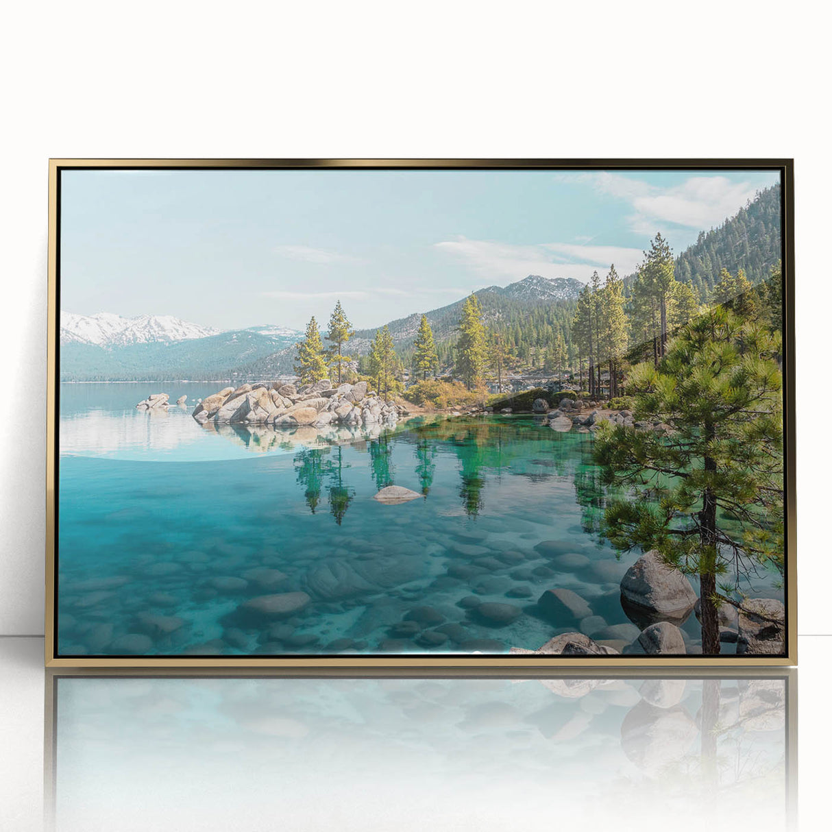Framed acrylic wall art showcasing a serene lake landscape design with golden accents, ideal for enhancing modern home decor. Perfect for nature lovers seeking tranquility.