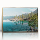 Framed acrylic wall art showcasing a serene lake landscape design with golden accents, ideal for enhancing modern home decor. Perfect for nature lovers seeking tranquility.