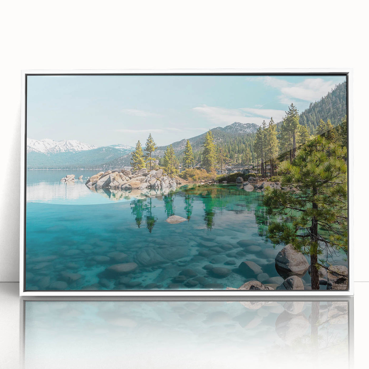 Framed acrylic wall art showcasing a serene lakeside landscape in vibrant colors, designed to enhance modern home decor with a sleek white frame.