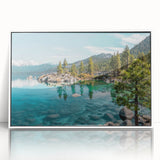 Framed acrylic wall art showcasing a serene lakeside landscape in vibrant colors, designed to enhance modern home decor with a sleek white frame.