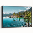 Framed canvas wall art showcasing a serene lake landscape design with rich blue and green tones, displayed from a black side view, perfect for home decor.