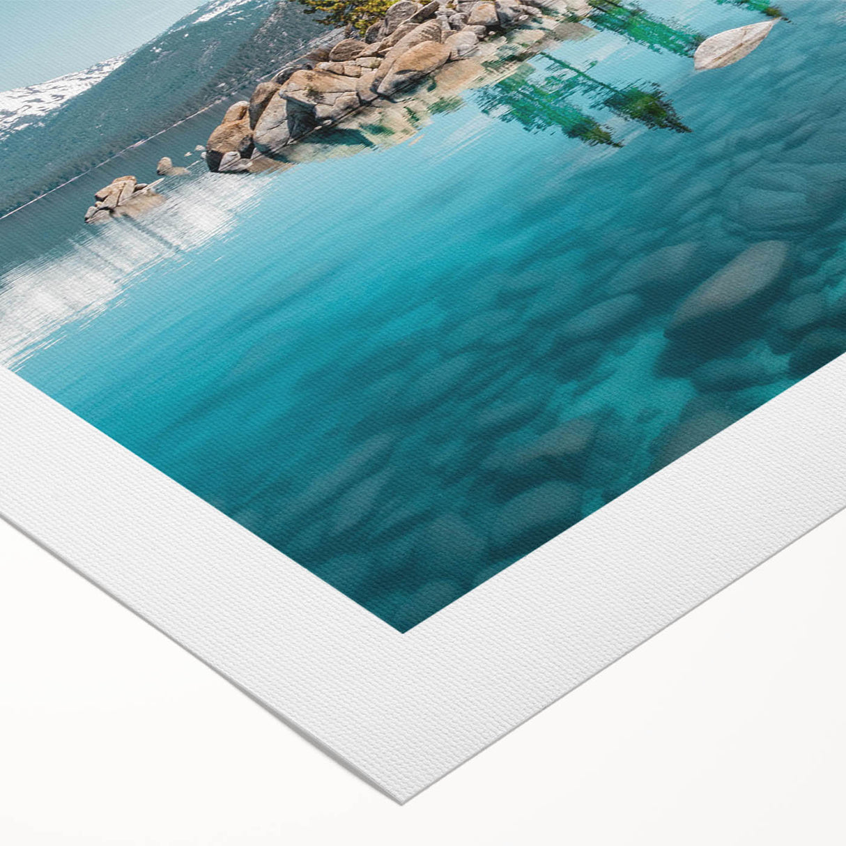 Vibrant rolled canvas showcasing a serene landscape of a tranquil lake surrounded by lush greenery, ideal for home decor and nature enthusiasts.