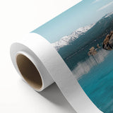 Serene landscape wall art on rolled canvas depicting a tranquil lake surrounded by lush greenery and mountains, ideal for home decor and relaxation.