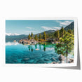 Rolled print of a serene lakeside landscape featuring vibrant blues and greens, showcasing detailed reflections of trees on water, perfect for home decor.