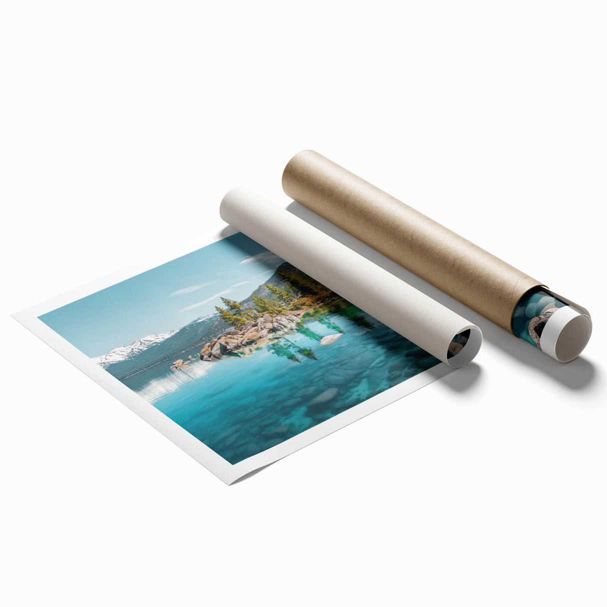 Scenic rolled print of a tranquil lake landscape with vibrant colors, perfect for home decor, showcasing serene nature and artistic design elements.