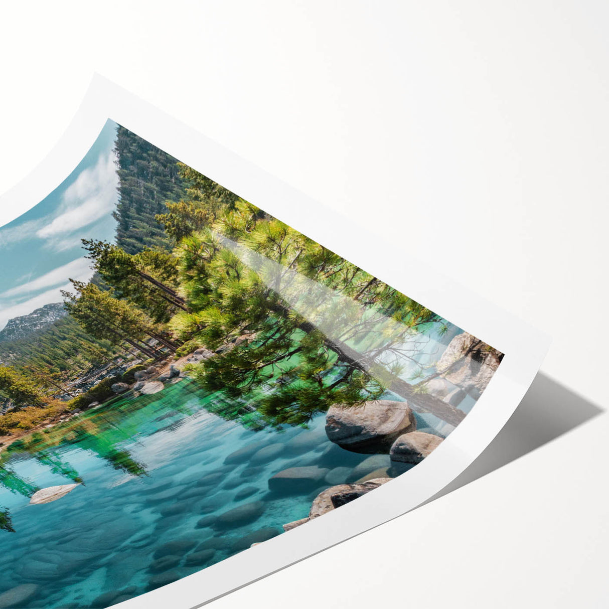 Vibrant rolled print of a serene lake landscape, showcasing lush greenery and soft sky reflections, ideal for home decor and nature-inspired art collections.