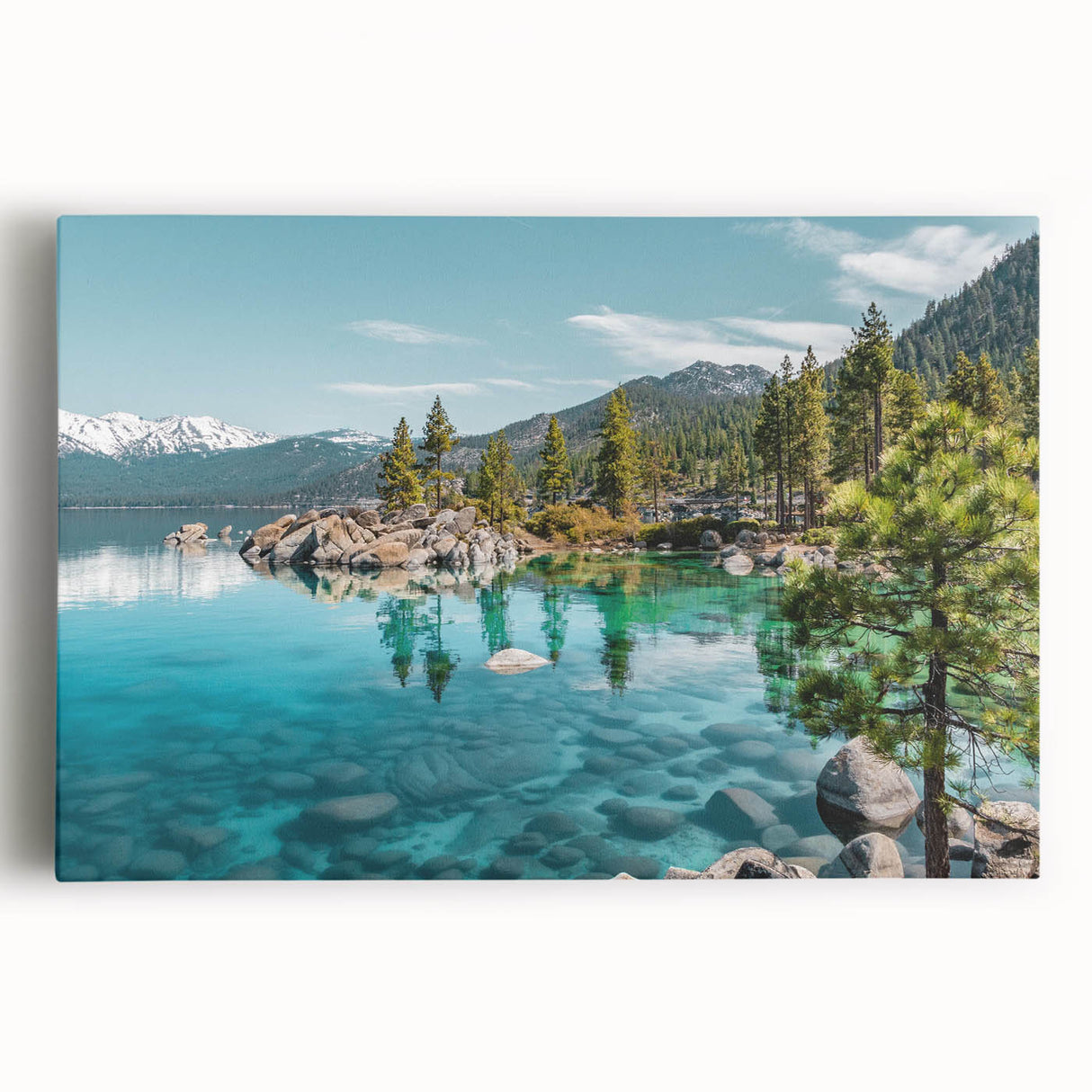 Stretched canvas wall art featuring a serene landscape lake scene with vibrant colors, perfect for home decor and enhancing interior spaces.