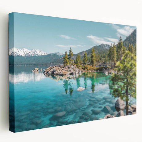 Stretched canvas wall art showcasing a serene landscape with a tranquil lake, vibrant colors, and detailed textures, perfect for home decor enhancement.