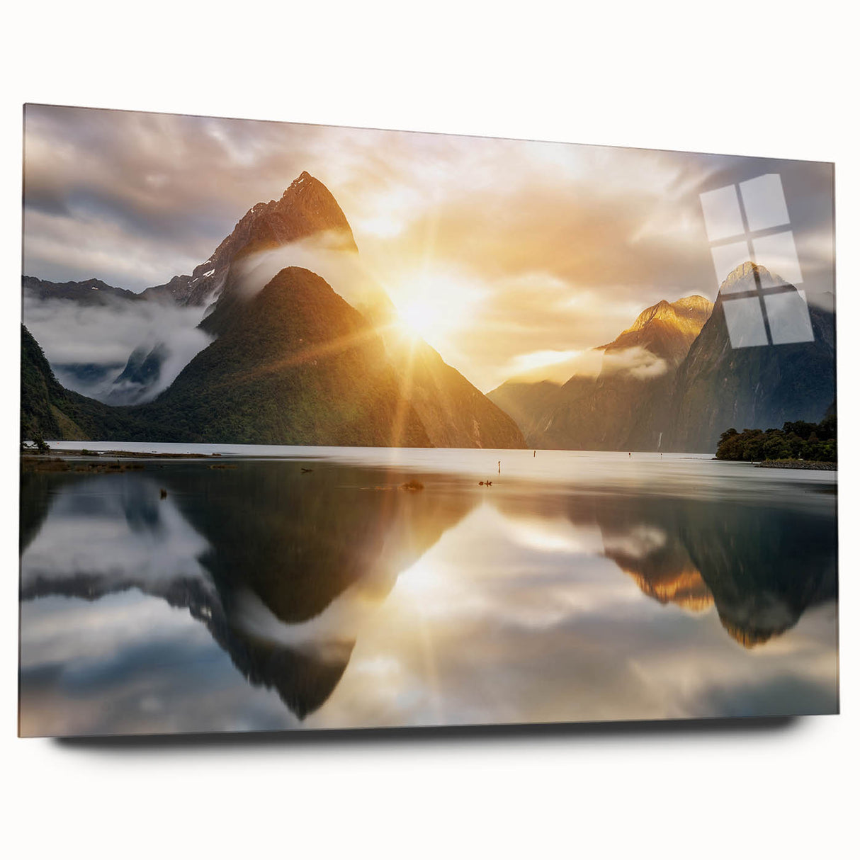Acrylic glass wall art collection featuring serene landscapes and tranquil lakes, viewed from the side, showcasing vibrant colors and intricate details, perfect for home decor.