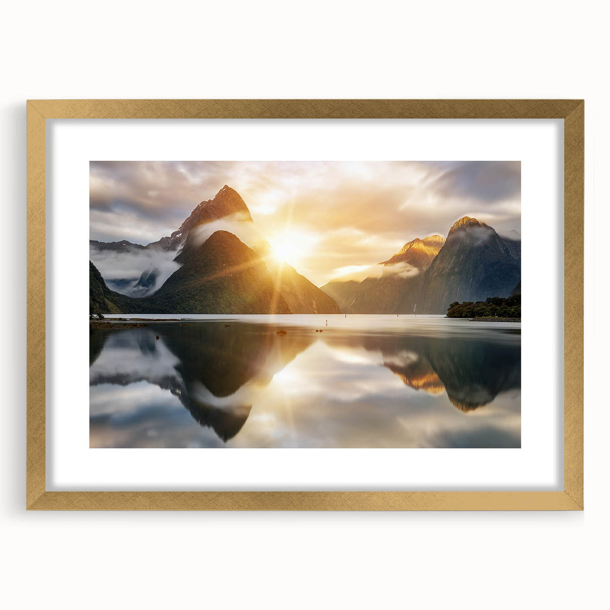 Elegant framed wall art collection showcasing serene lake landscapes with a gold mat border, perfect for home decor in living spaces or offices.