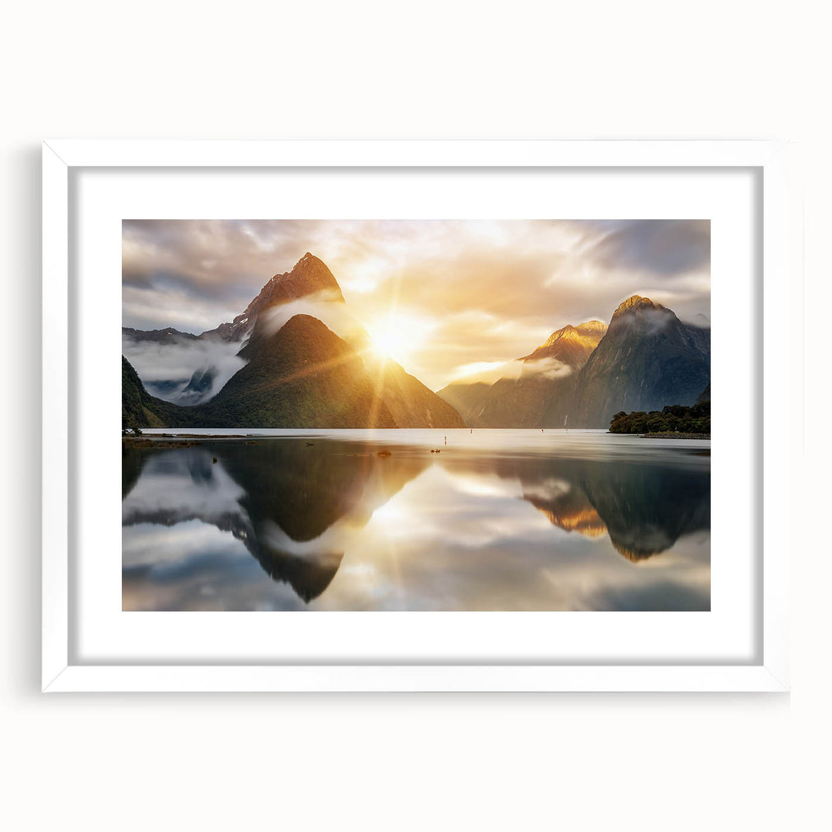 Framed wall art featuring a serene landscape of a tranquil lake surrounded by lush greenery, presented with a white mat for an elegant finish, ideal for home decor.