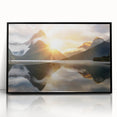 Framed black acrylic wall art showcasing a stunning landscape with vibrant hues reflecting on a serene lake, perfect for modern home decor.
