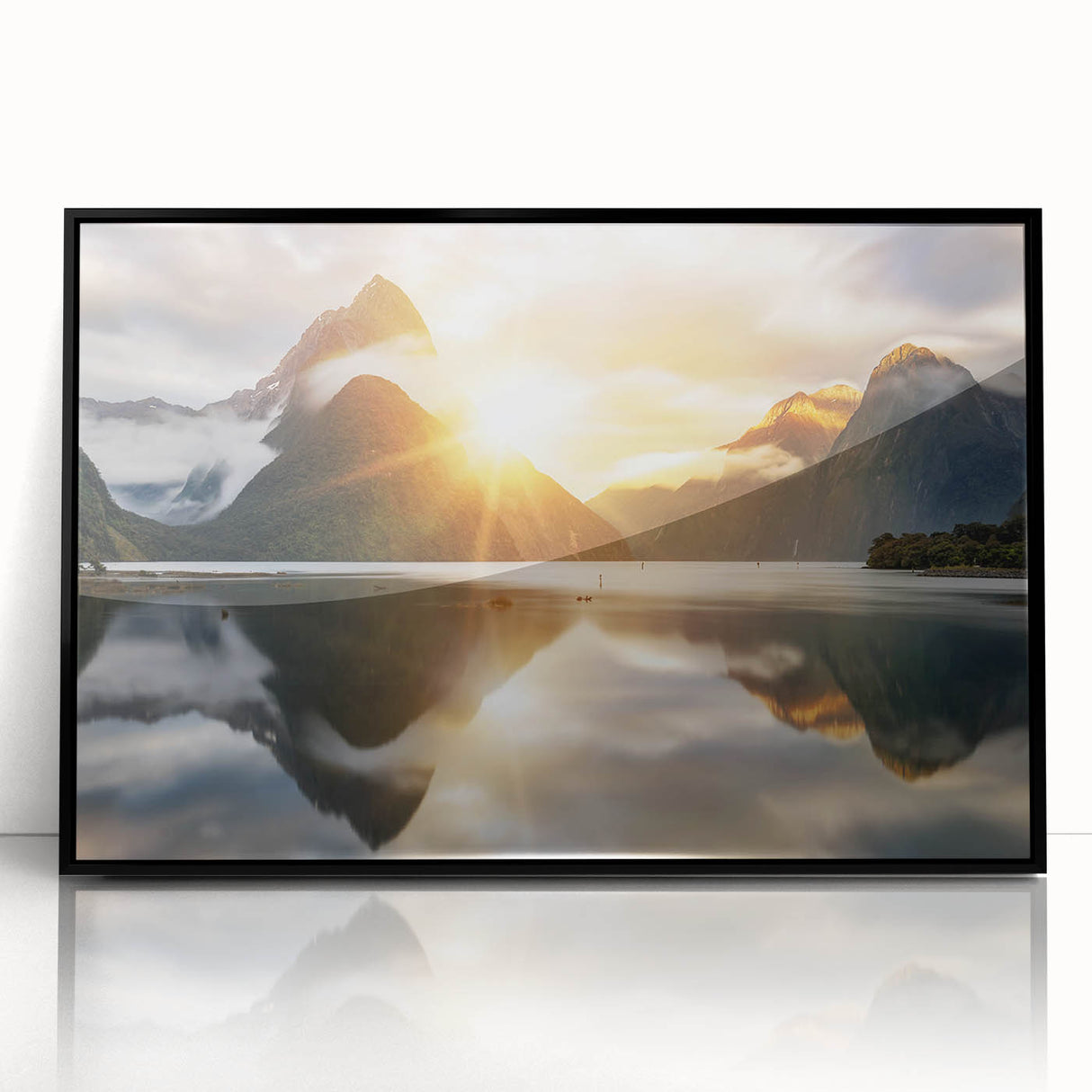 Framed black acrylic wall art showcasing a stunning landscape with vibrant hues reflecting on a serene lake, perfect for modern home decor.