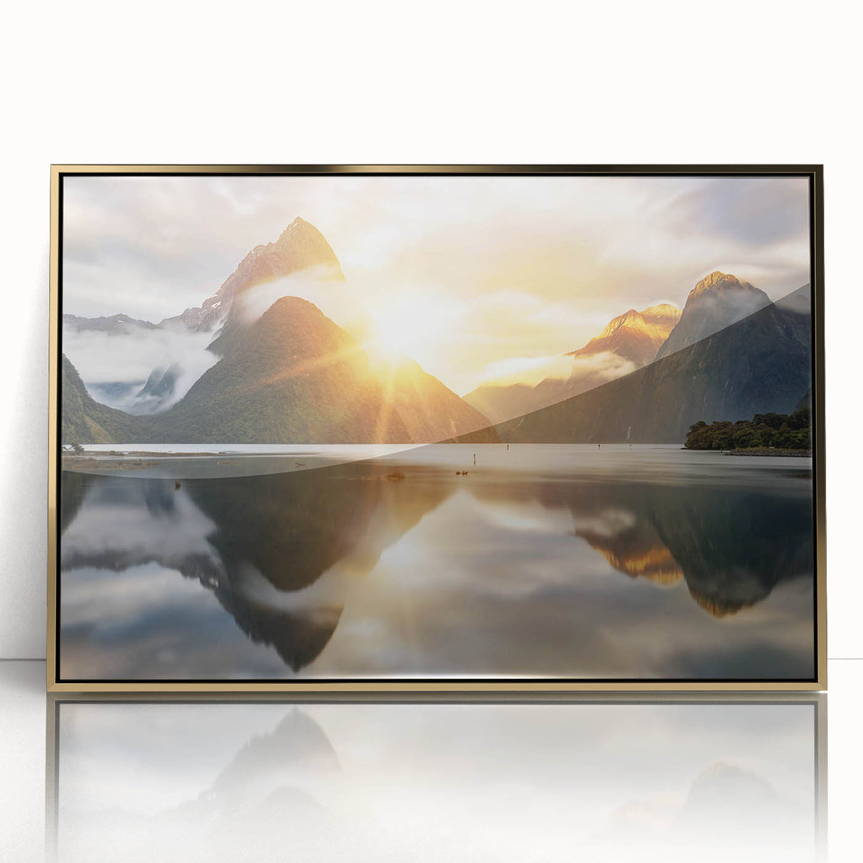 Framed acrylic wall art showcasing a serene landscape with vibrant blue lakes and lush greenery, highlighted with a stylish gold frame, perfect for modern home decor.
