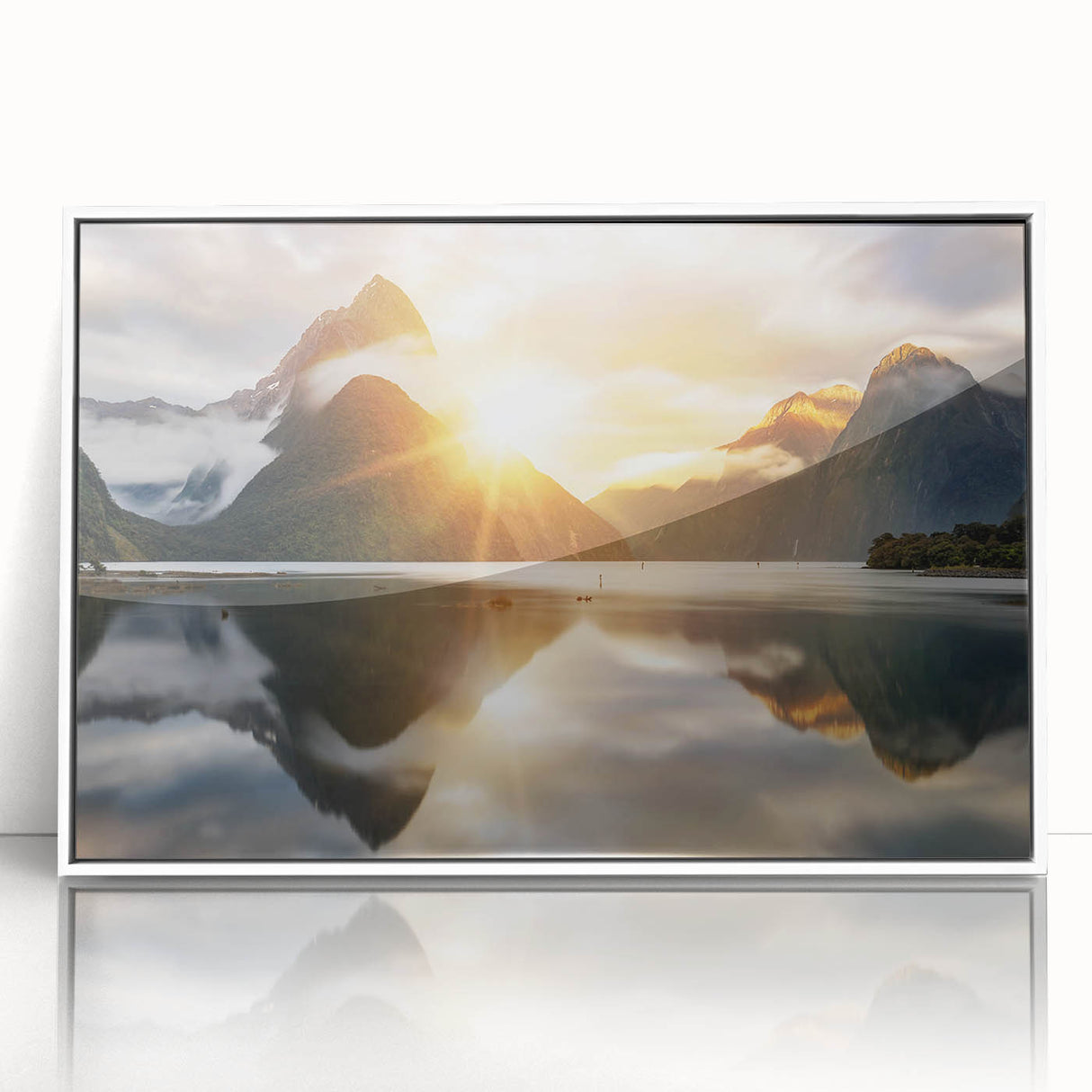 Framed acrylic wall art showcasing a serene lake landscape with vibrant colors, presented in a sleek white frame, perfect for modern home decor.