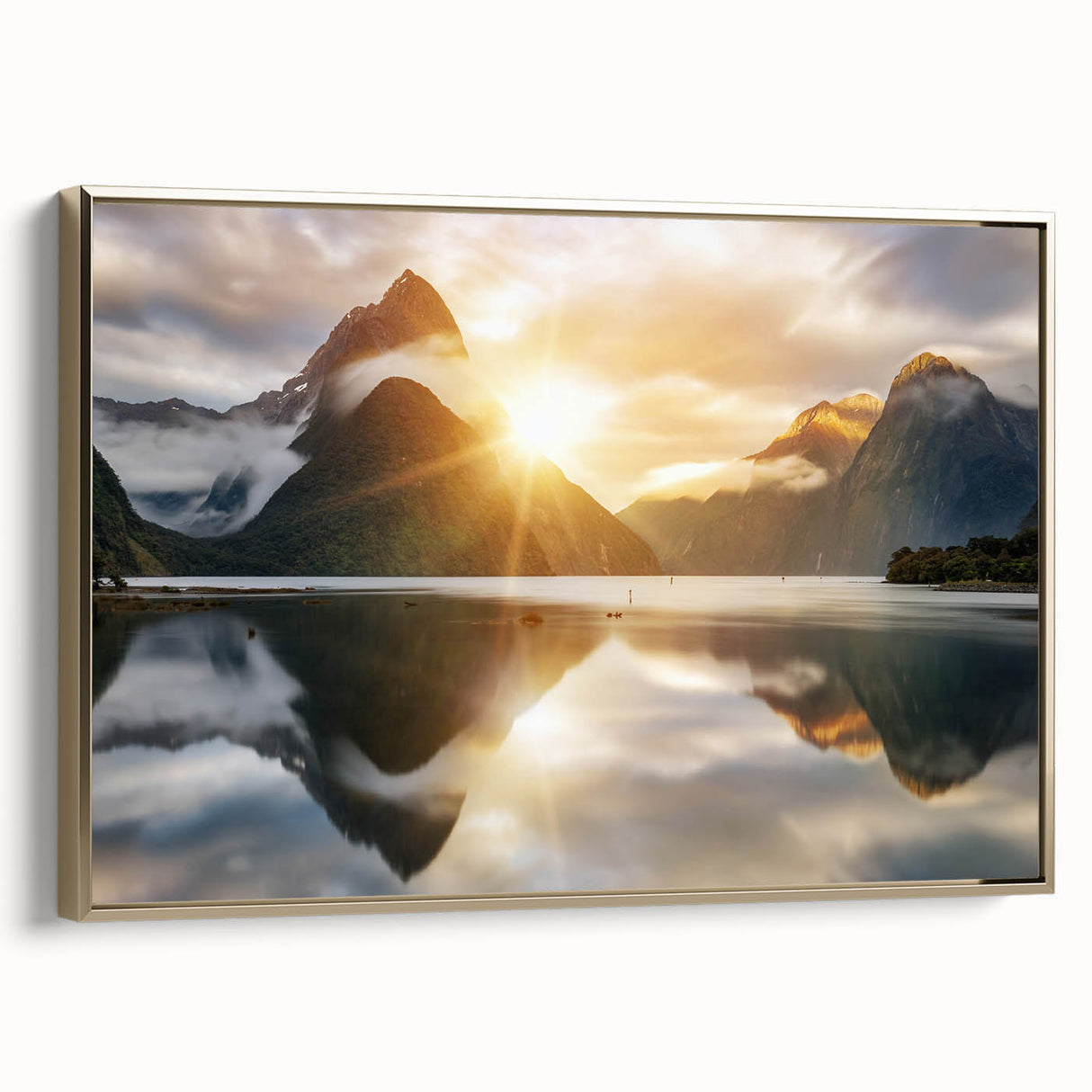 Framed canvas wall art showcasing a serene lakeside landscape with gold accents, designed to enhance home decor, viewed from the side to highlight its elegant frame.