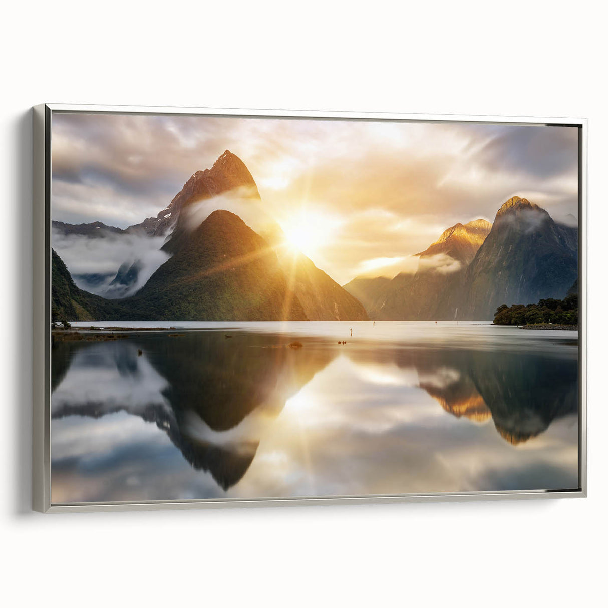 Framed canvas wall art showcasing a serene lake landscape with silver accents, perfect for home decor. The artwork features tranquil colors and a modern design, enhancing any interior space.