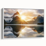Framed canvas wall art showcasing a serene lake landscape with vibrant colors, set against a white background, ideal for enhancing home decor and relaxation.