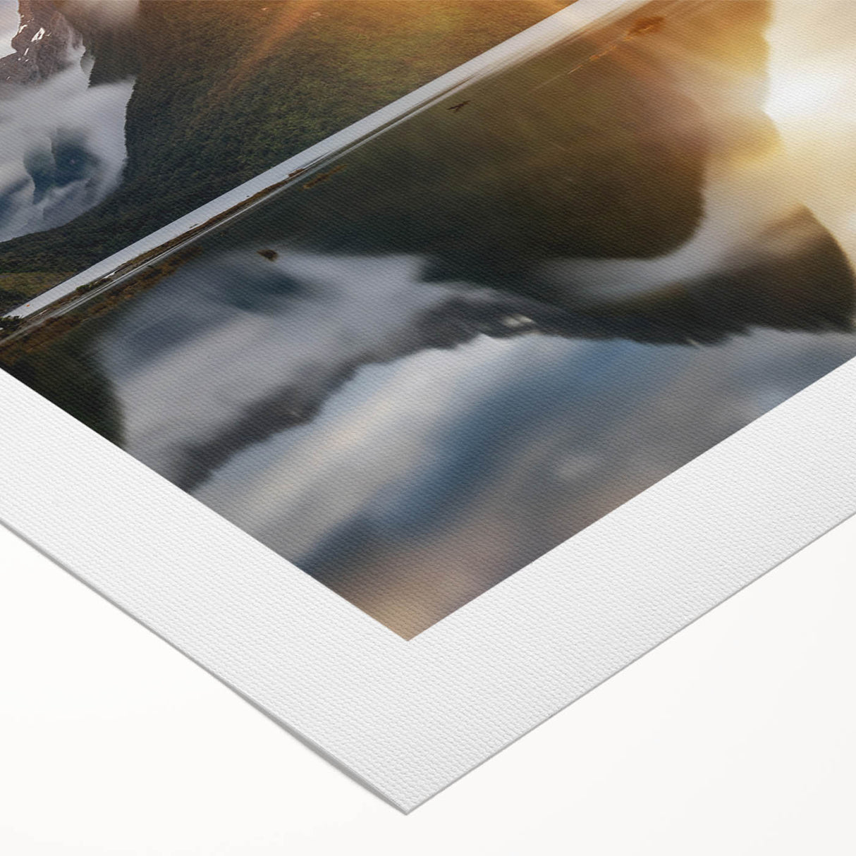 Rolled canvas artwork showcasing a serene lake landscape with vibrant colors, ideal for home decor, elegantly packaged in a protective tube for delivery.