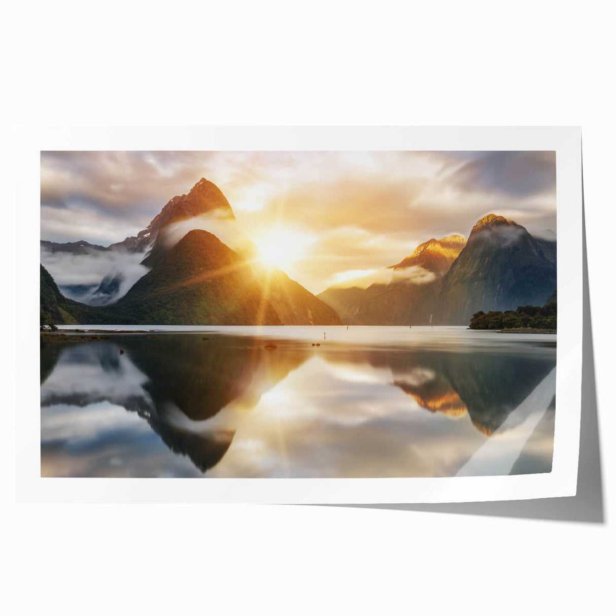 Vibrant rolled print of serene lake landscape wall art, showcasing rich blue and green hues, perfect for home decor. Packaged securely in a sturdy tube for protection.