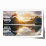 Vibrant rolled print of serene lake landscape wall art, showcasing rich blue and green hues, perfect for home decor. Packaged securely in a sturdy tube for protection.