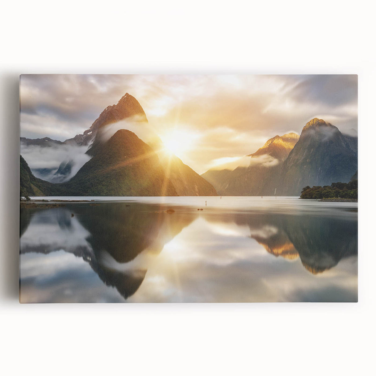 Vibrant stretched canvas wall art showcasing a serene lake landscape with lush greenery and a bright blue sky, perfect for home decor and nature enthusiasts.