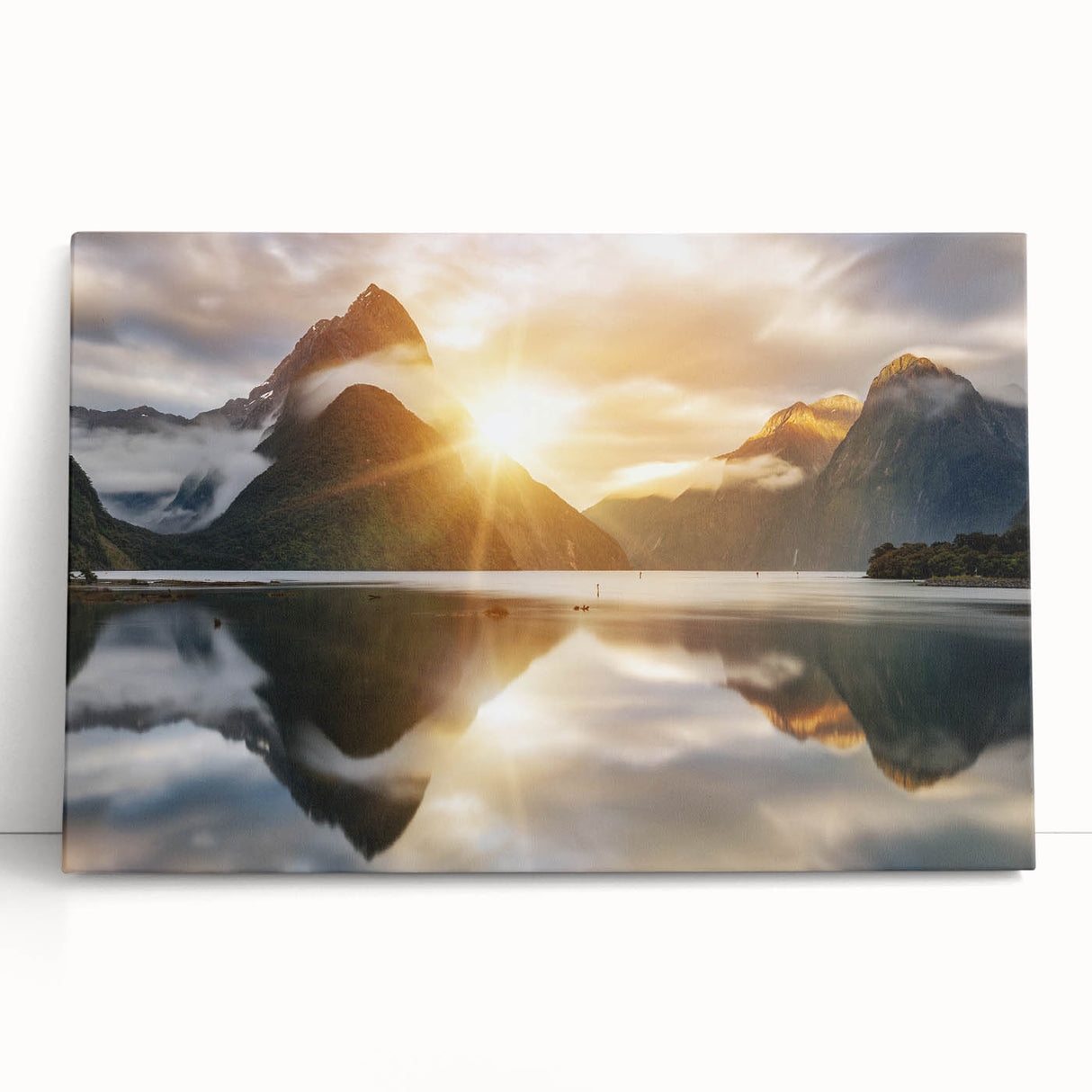 Stretched canvas wall art featuring a serene landscape with a tranquil lake, surrounded by lush greenery and soft clouds, perfect for home decor.