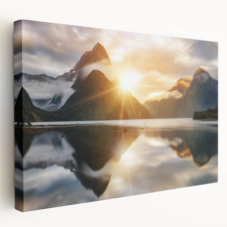 Stretched canvas wall art showcasing a serene landscape of a tranquil lake surrounded by lush trees, designed for home decor. Perfect for adding a calming touch to any room.