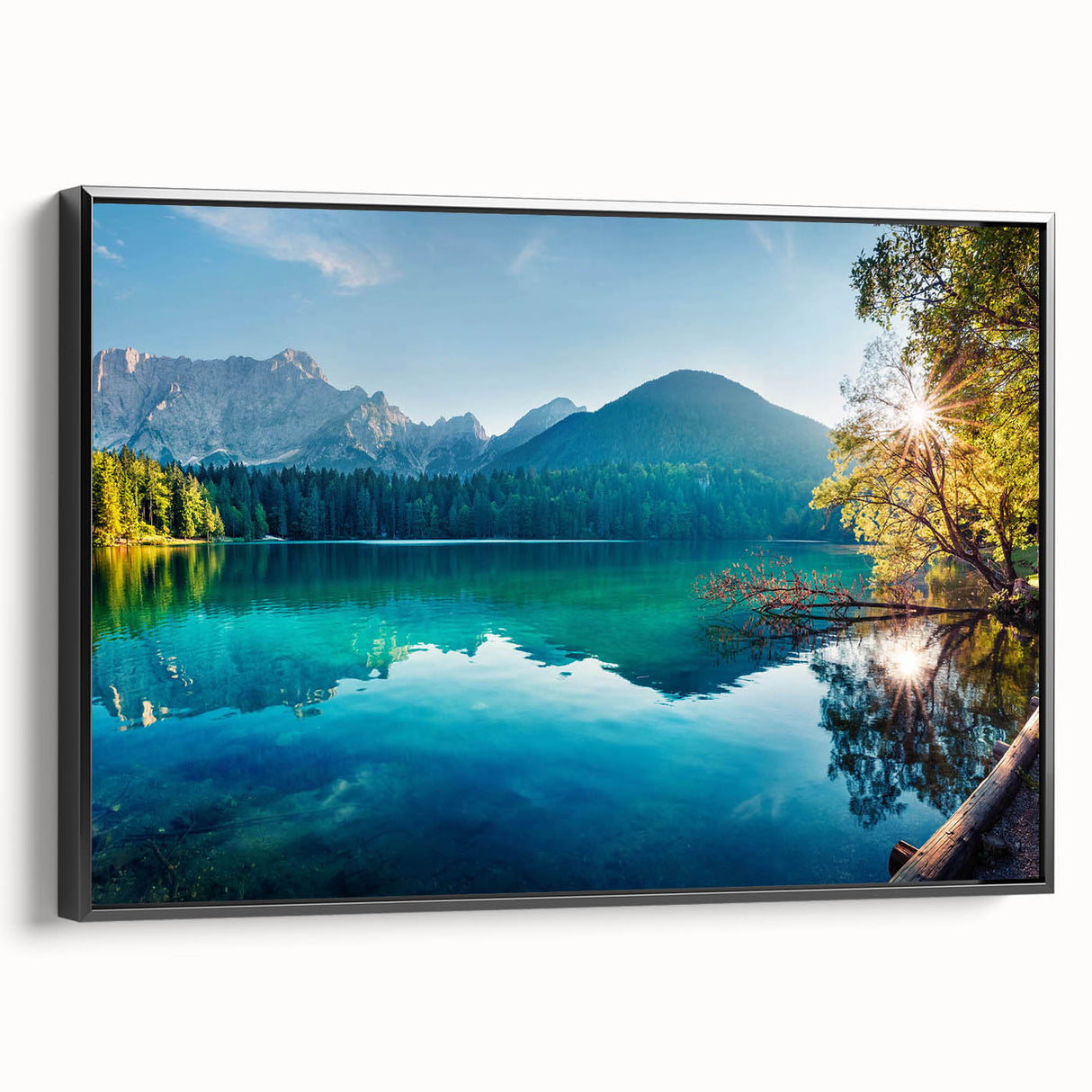 Framed canvas wall art showcasing a serene lake landscape with vibrant colors and intricate details, presented in a sleek black frame, perfect for home decor.