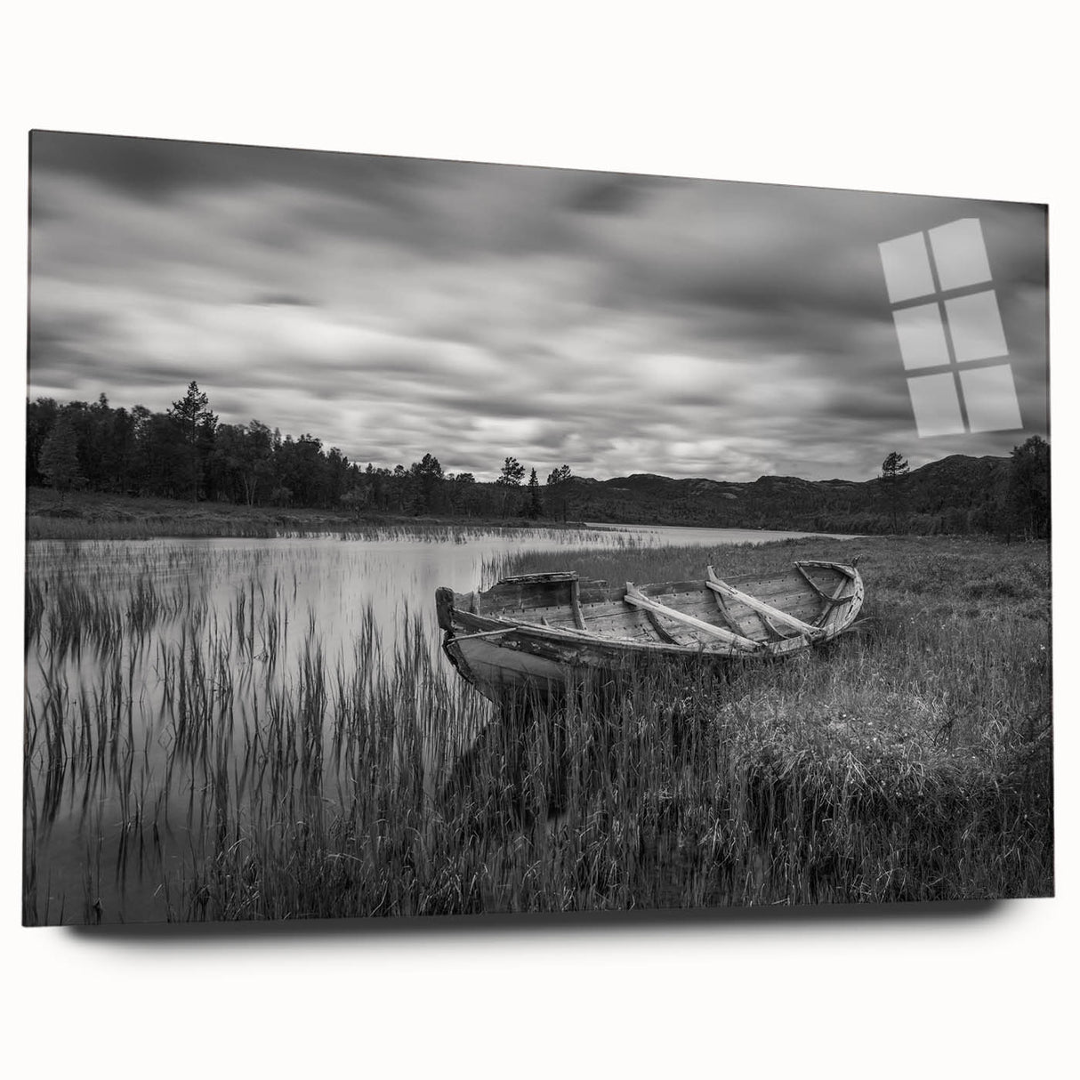 Acrylic glass wall art showcasing a serene lakeside landscape design, side view display without pins, highlighting vibrant colors and intricate details. Perfect for modern home decor.
