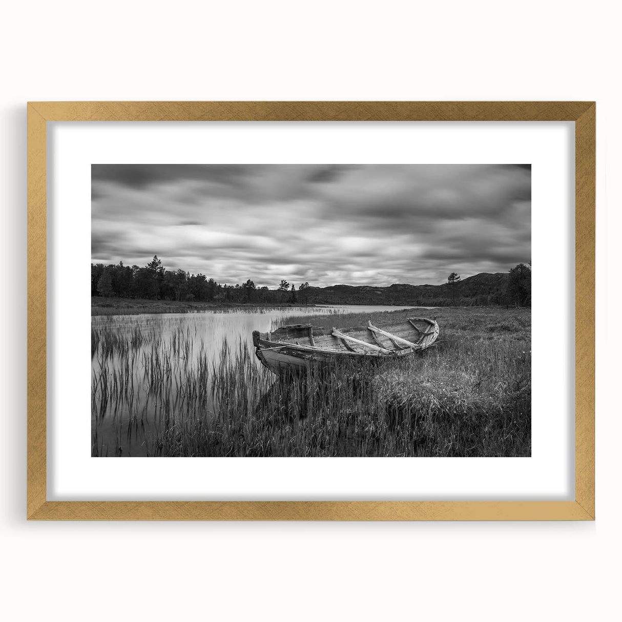 Framed wall art featuring a serene landscape of a lake, with a gold mat and frame, designed to enhance home decor. Ideal for nature lovers seeking tranquility.