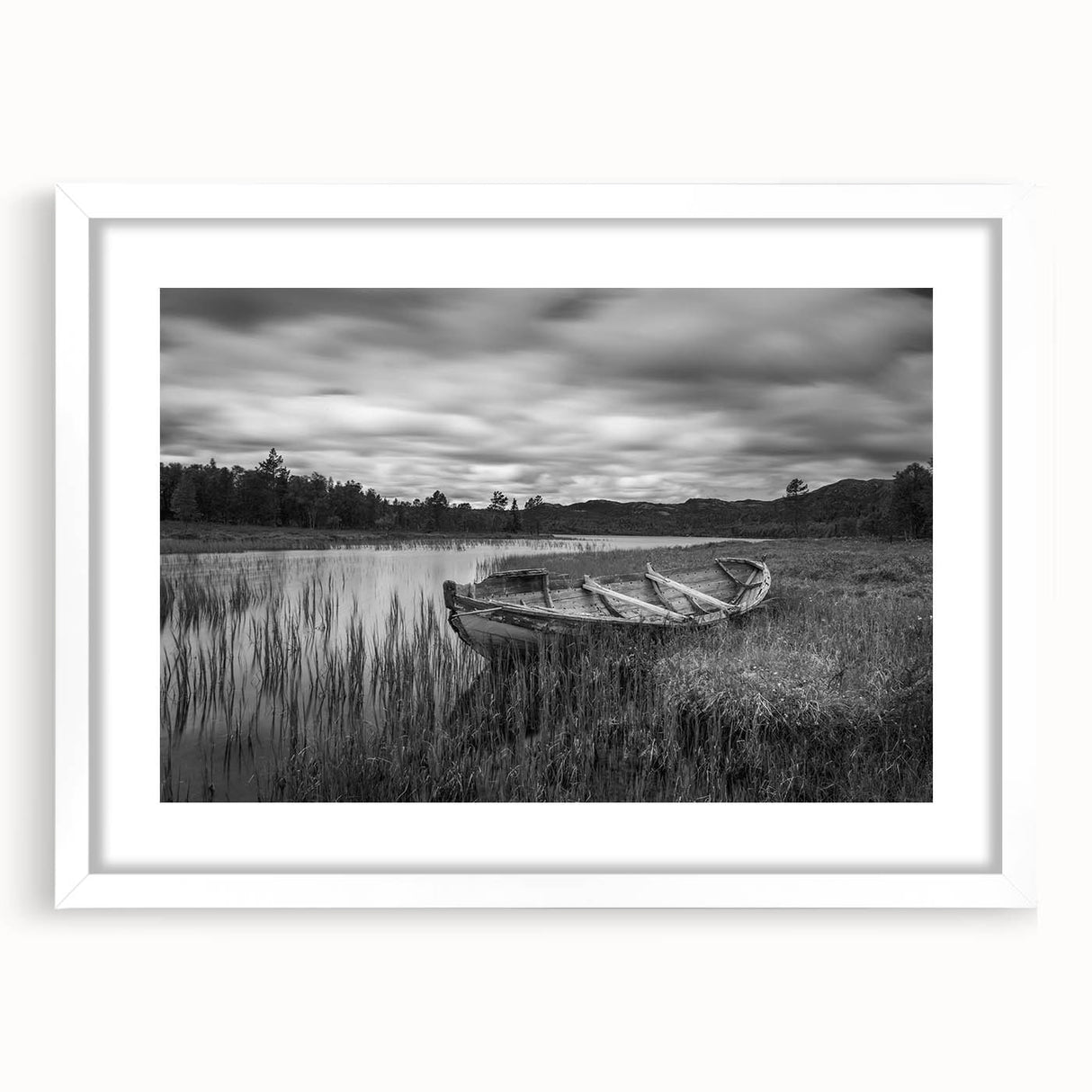 Framed wall art featuring a serene lake landscape design with a white mat, showcasing vibrant blues and greens that evoke tranquility, perfect for home decor.