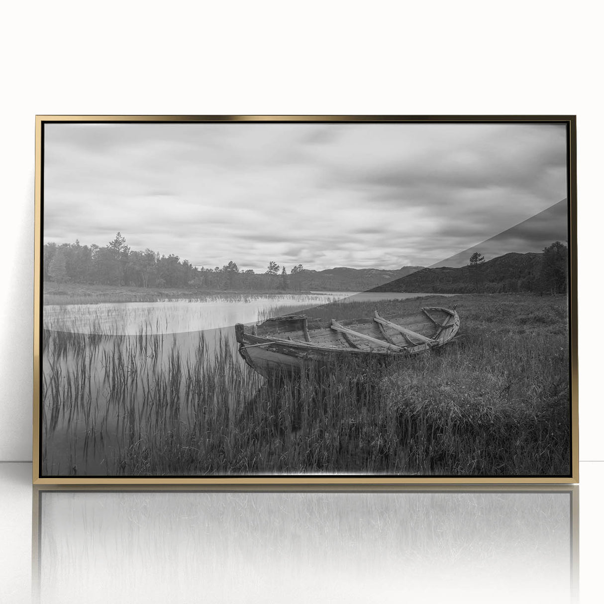 Framed acrylic wall art showcasing a serene lake landscape with golden hues, perfect for enhancing home decor. Ideal for nature lovers and art enthusiasts.