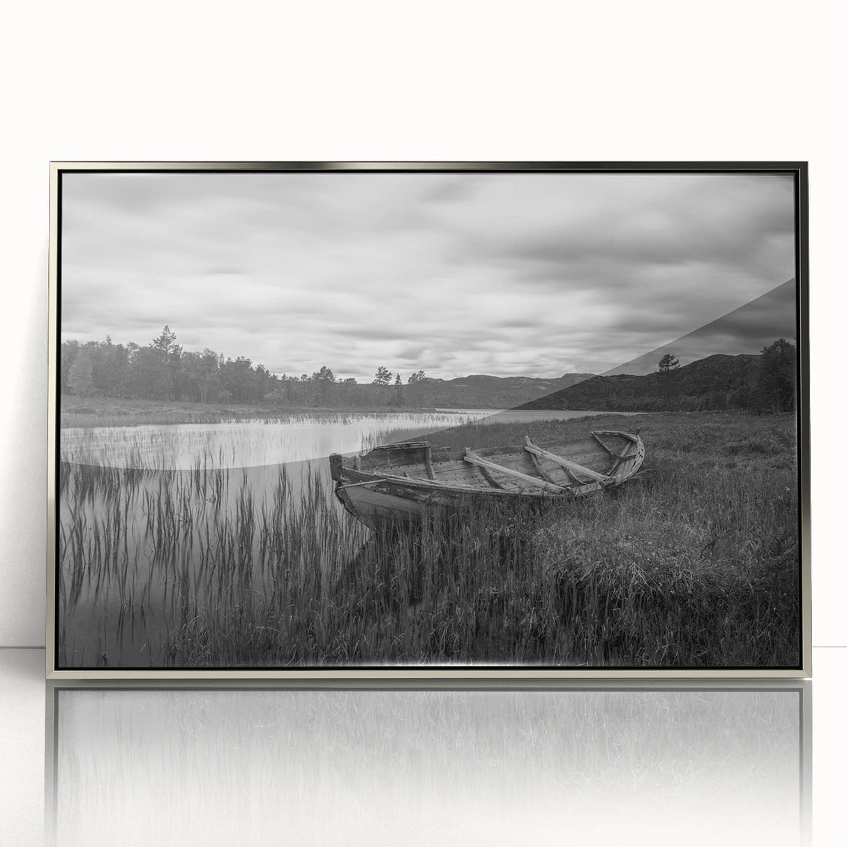 Framed acrylic wall art showcasing a serene landscape with tranquil lakes, surrounded by a stylish silver frame, perfect for modern home decor.