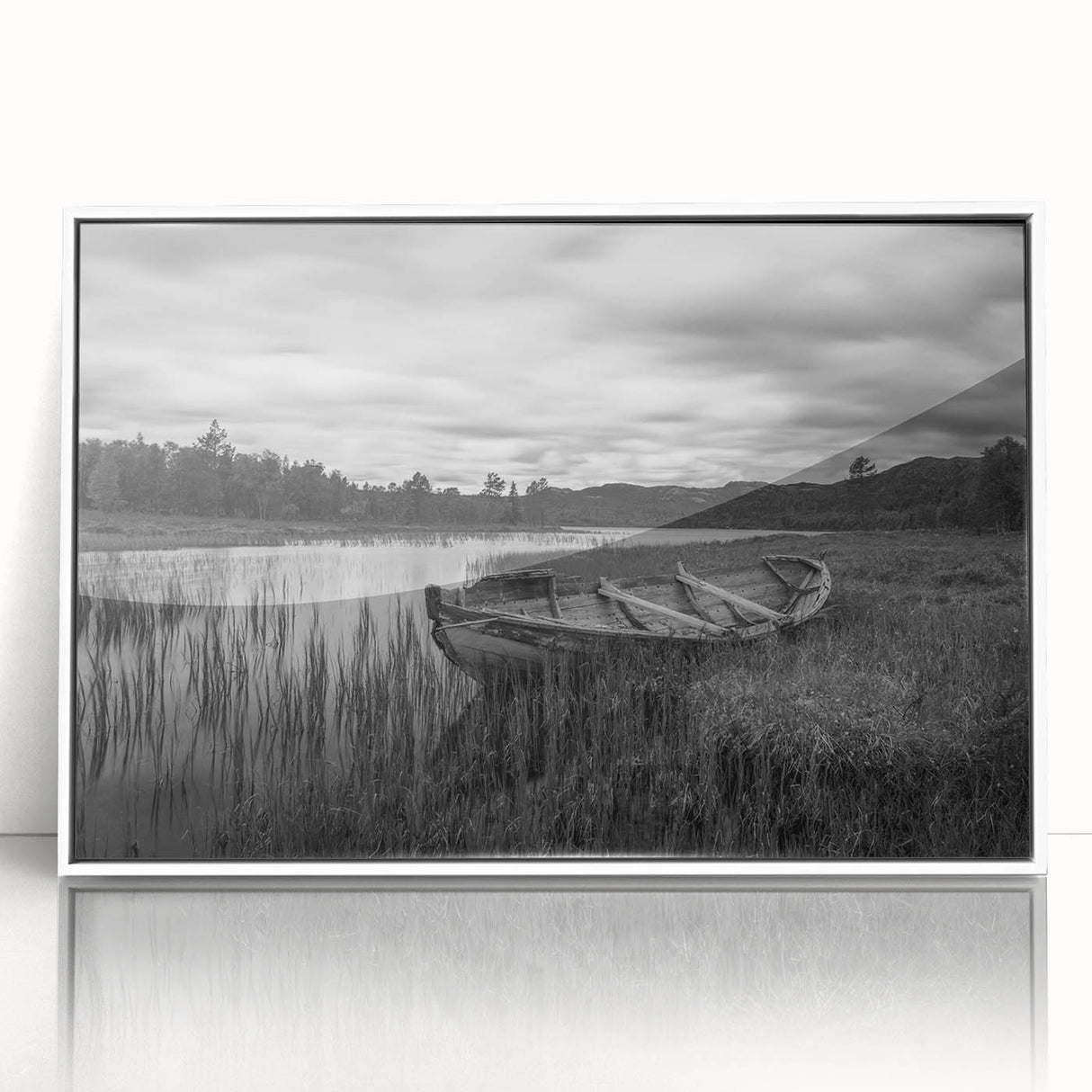 Framed acrylic wall art showcasing a serene lake landscape with vibrant colors, elegantly displayed in a white frame, perfect for enhancing modern home decor.