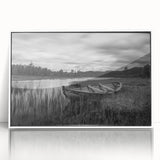 Framed acrylic wall art showcasing a serene lake landscape with vibrant colors, elegantly displayed in a white frame, perfect for enhancing modern home decor.