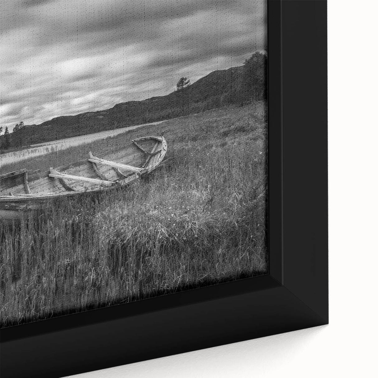Close-up of a framed canvas wall art piece showcasing a serene lake landscape, featuring vibrant blues and greens, perfect for home decor or office ambiance.