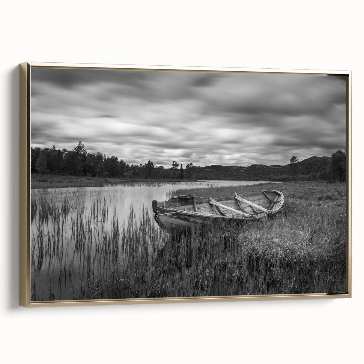 Framed canvas wall art featuring a serene lake landscape with vibrant colors, accented by a gold frame, perfect for enhancing home decor and creating a calming atmosphere.