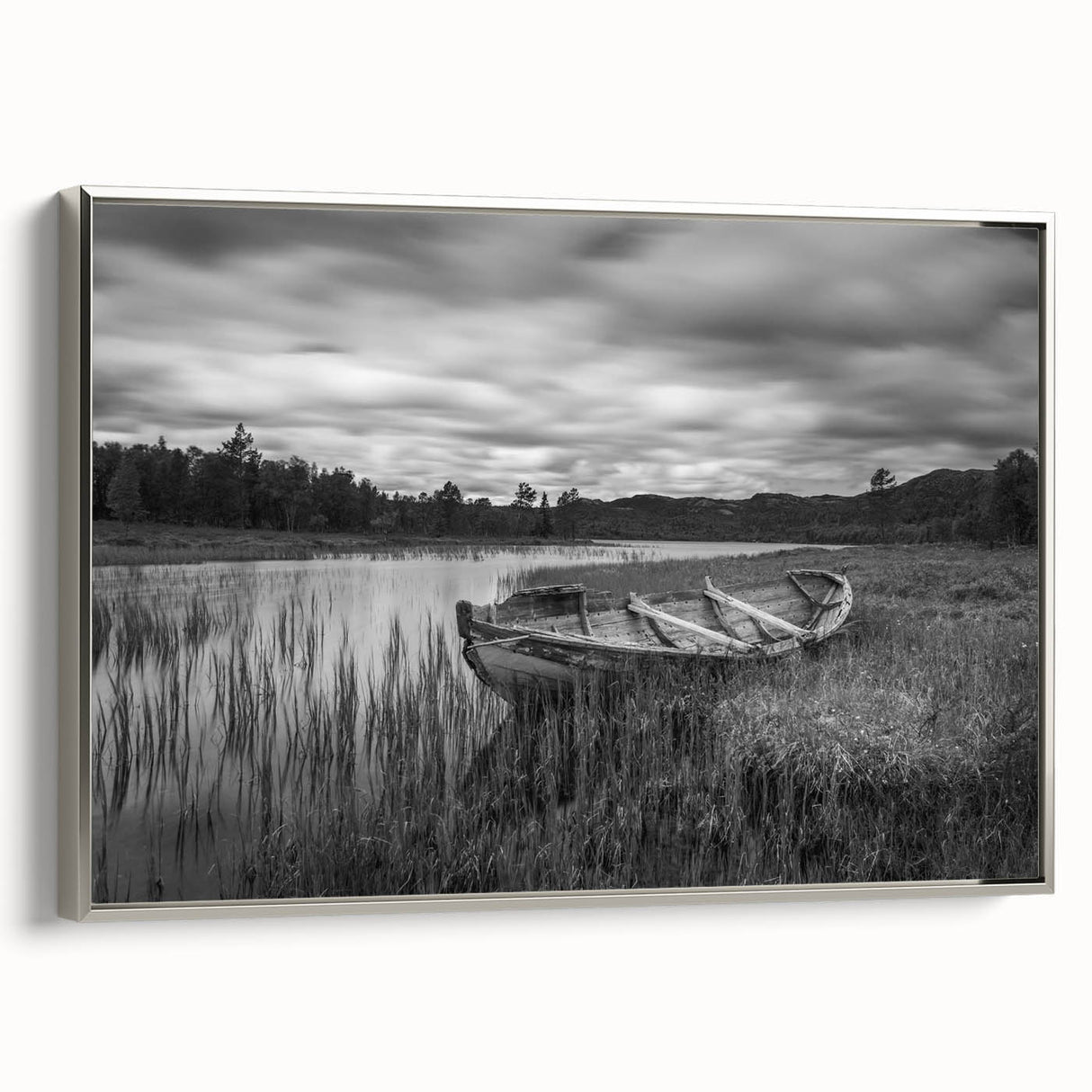 Framed canvas wall art featuring a serene landscape of tranquil lakes, bordered with a sleek silver frame, ideal for enhancing modern decor aesthetics.