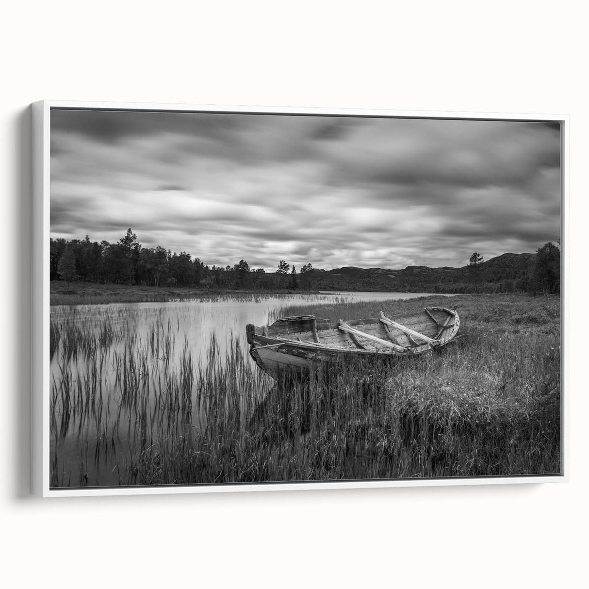 Framed canvas wall art depicting a serene lake landscape, featuring vibrant blues and greens, with a sleek white frame, ideal for modern home decor.