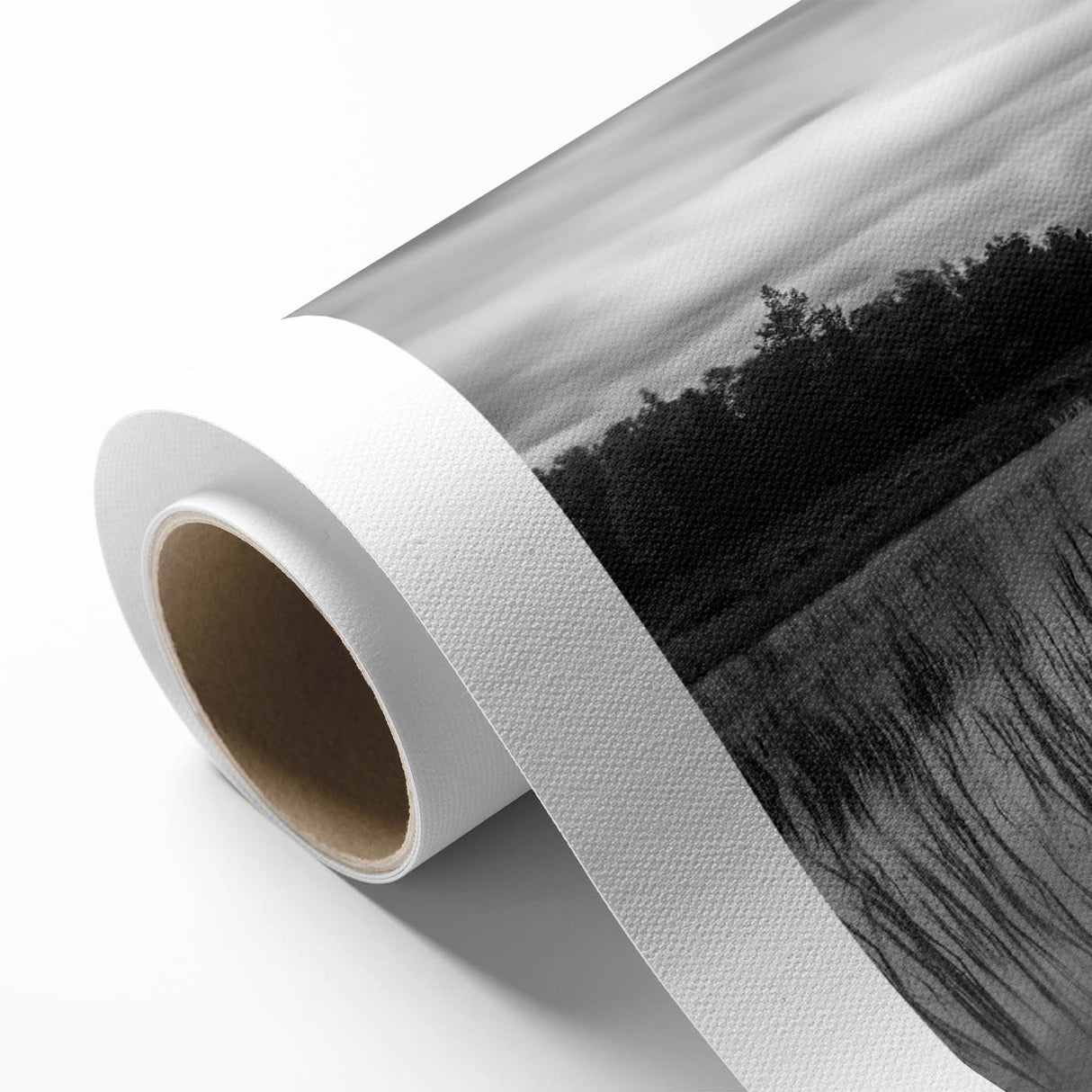 Vibrant rolled canvas art depicting a serene lake landscape at sunset, showcasing rich colors and intricate details, ideal for home decor enhancement.