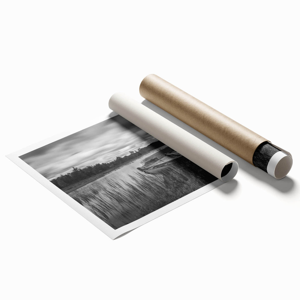 Serene landscape lake wall art print showcasing vibrant blues and greens, featuring a tranquil scene with reflections on water, rolled and ready for framing.