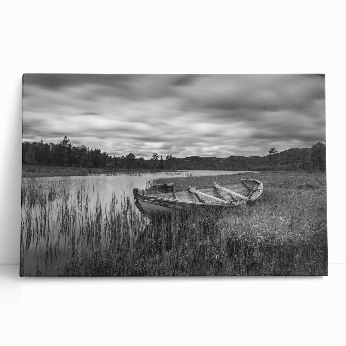 Stretched canvas artwork showcasing a serene lake landscape with vibrant colors and natural textures, perfect for enhancing home decor and creating a calming atmosphere.
